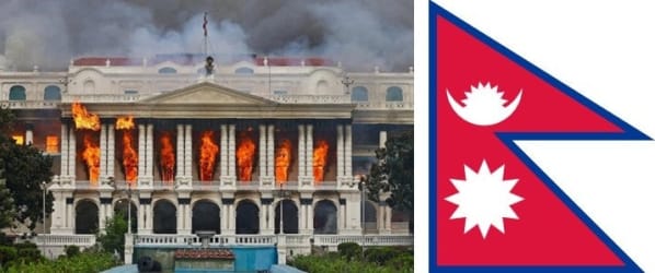 Nepal flag with parliament building on fire