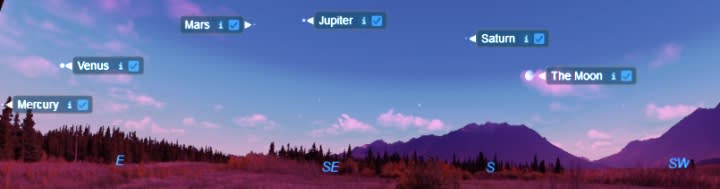 A diagram showing the locations of five bright planets, Mercury, Venus, Mars, Jupiter and Saturn, in the predawn sky on June 17, 2022. (Image credit: Starry Night)