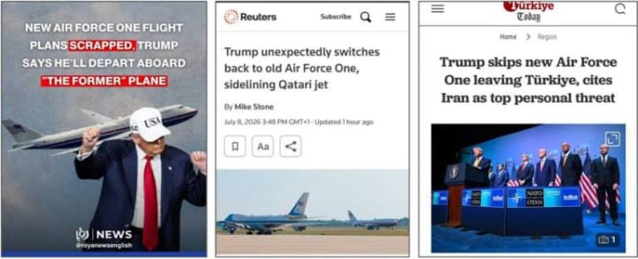 Screen captures of three news headlines by Veronika West
