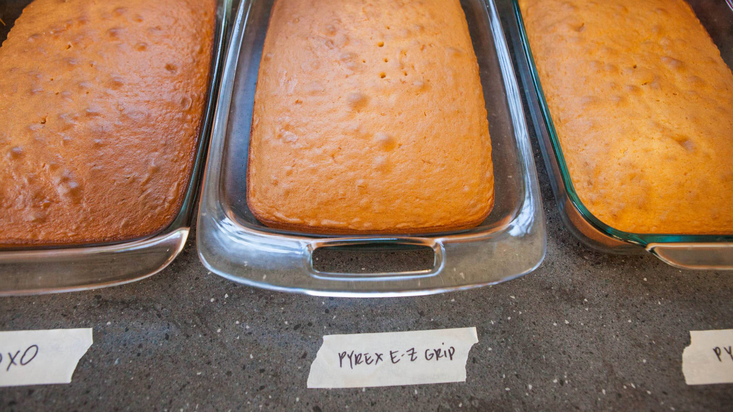 Baking pans are made of metal, and baking dishes are made of glass