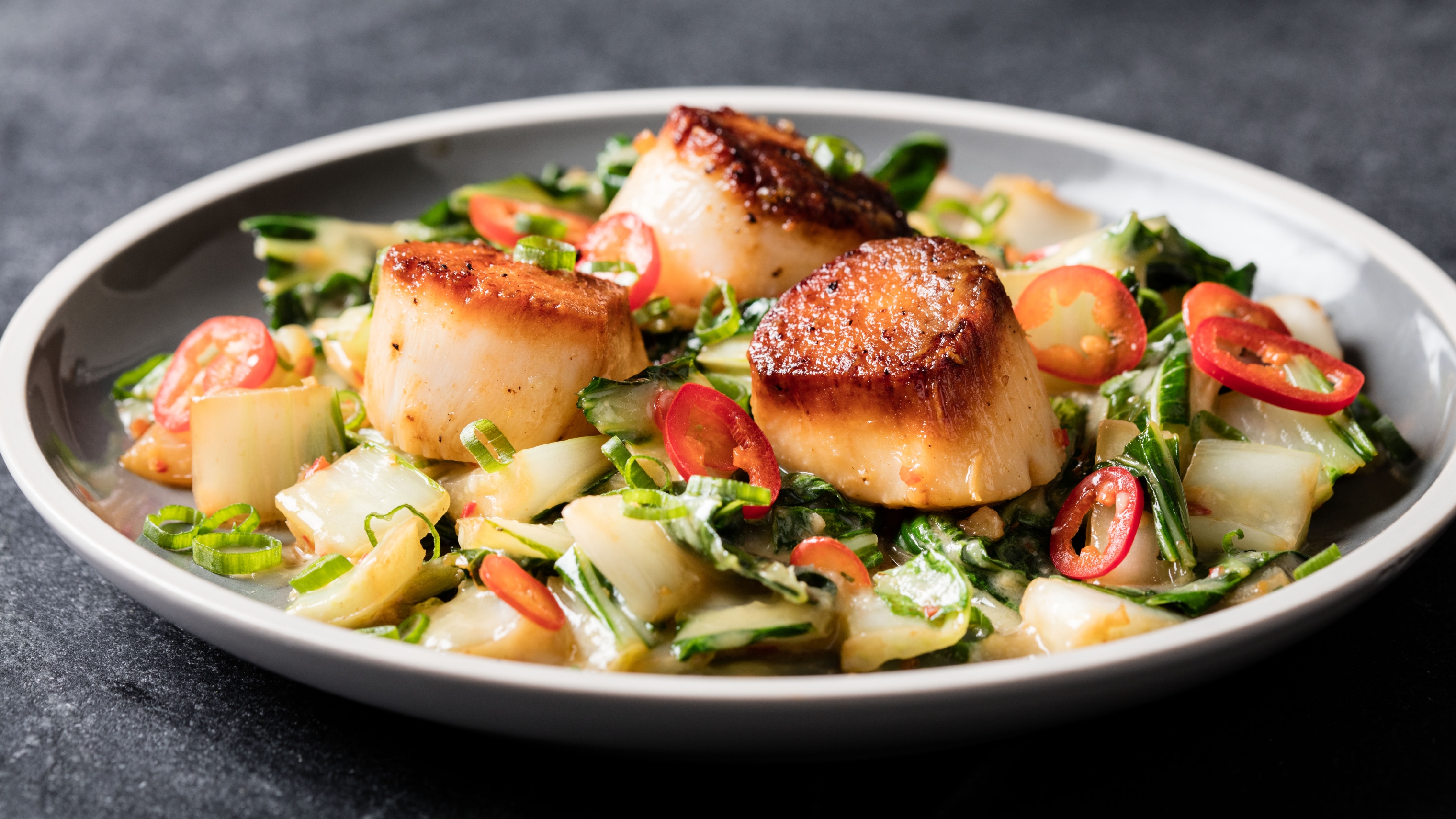 Miso Butter Basted Scallops With Bok Choy And Chile Cook S Illustrated