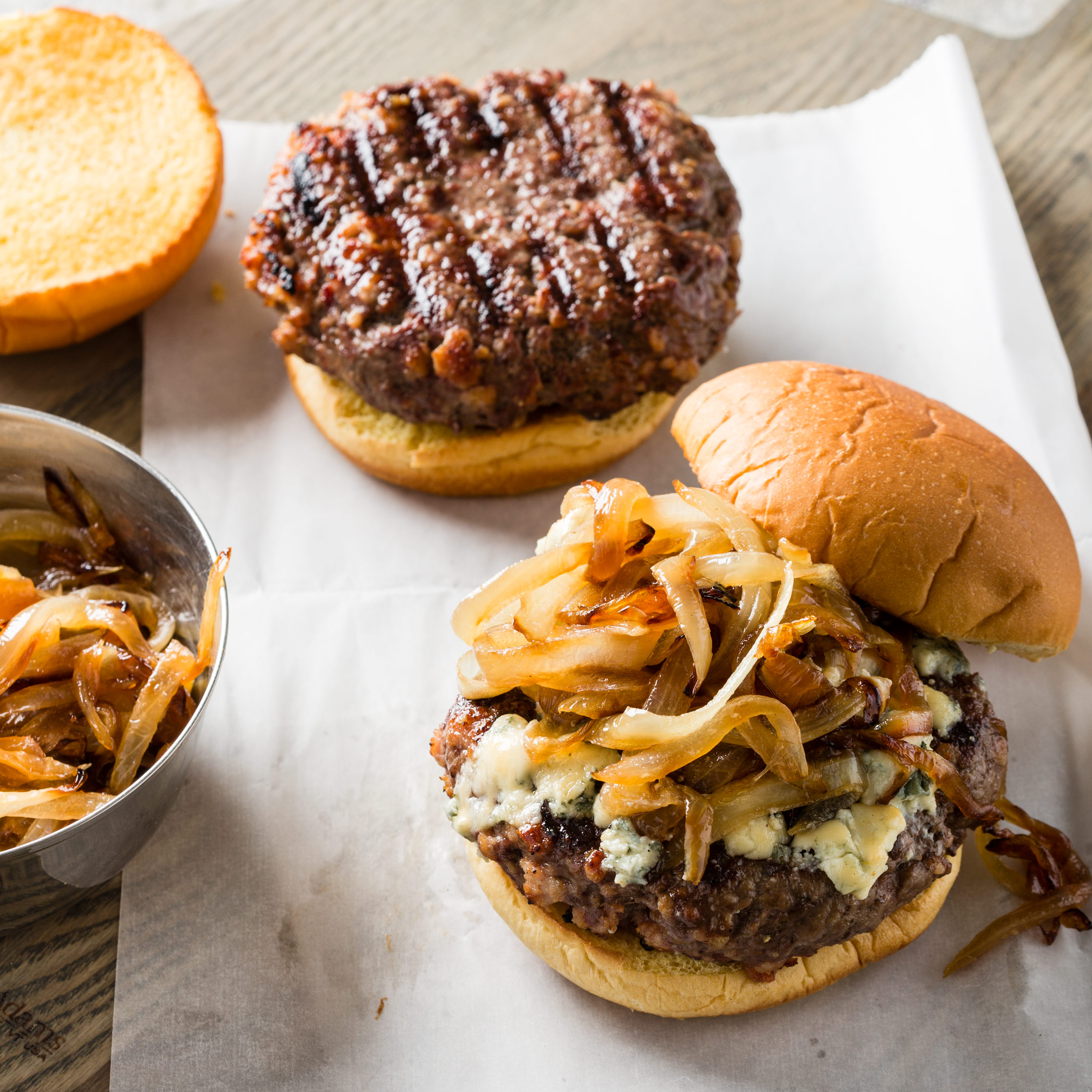 Grilled Bacon Burgers with Caramelized Onions and Blue Cheese