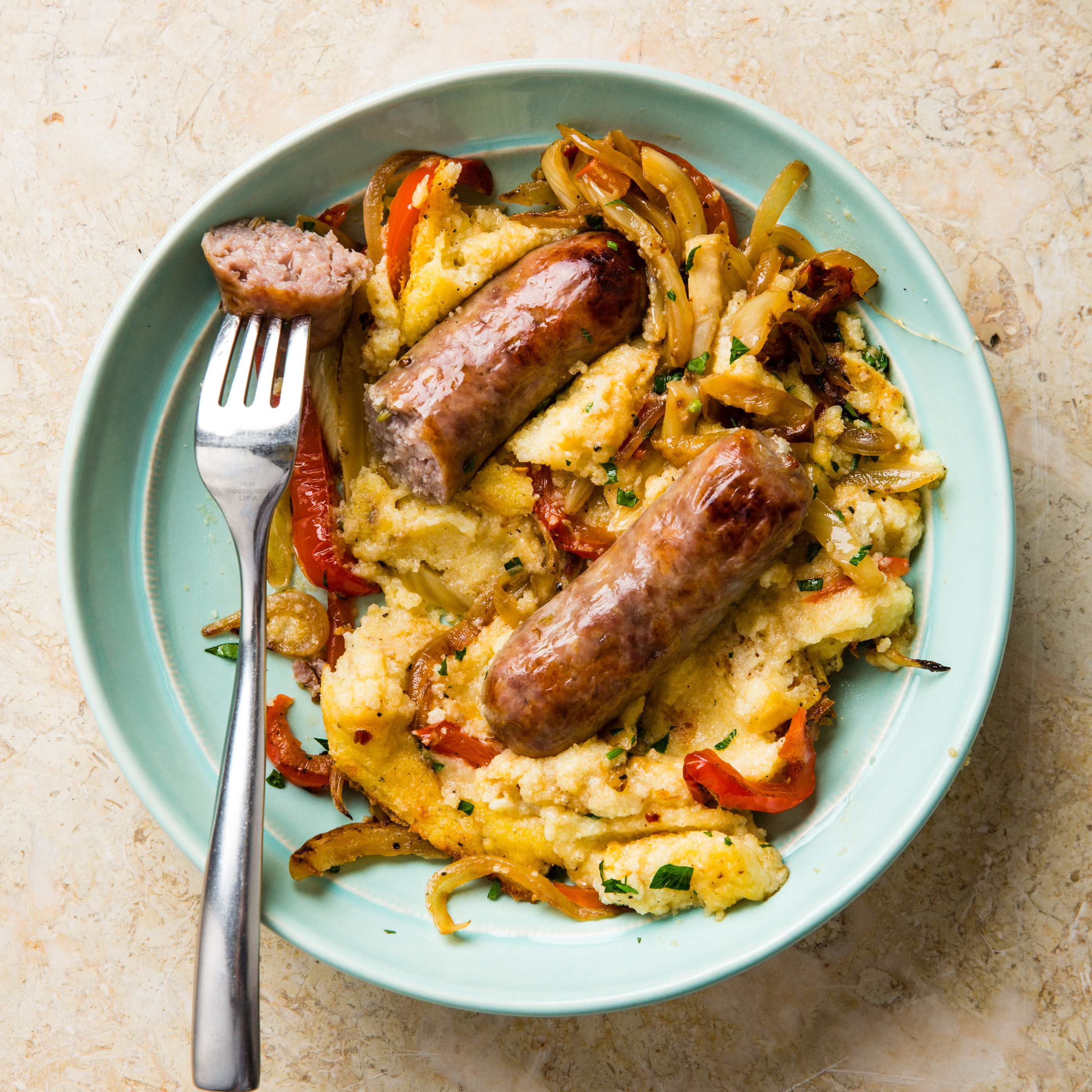 Skillet Cheddar Polenta with Sausage - Running to the Kitchen®