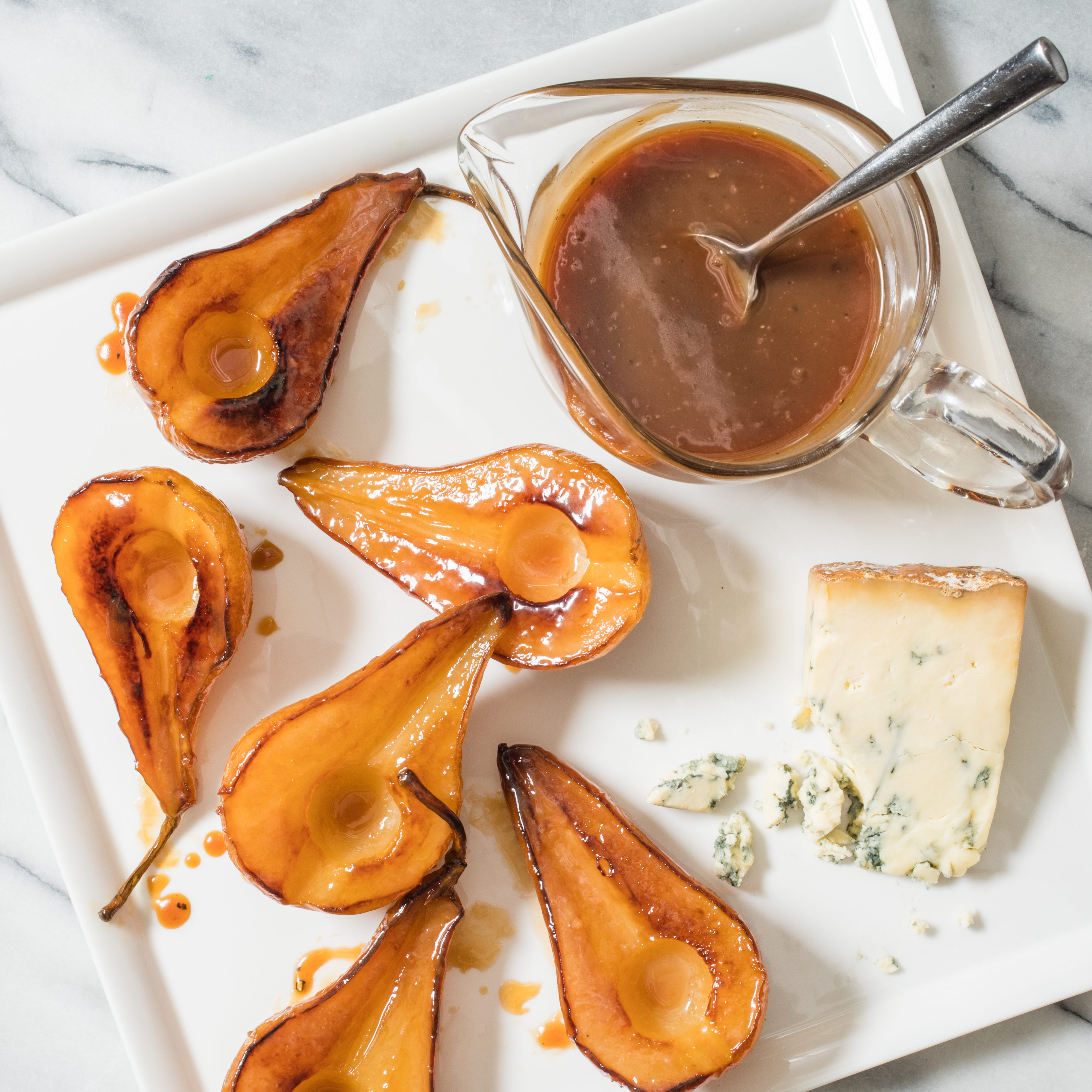 Caramelized Pears With Blue Cheese And Black Pepper Caramel Sauce America S Test Kitchen