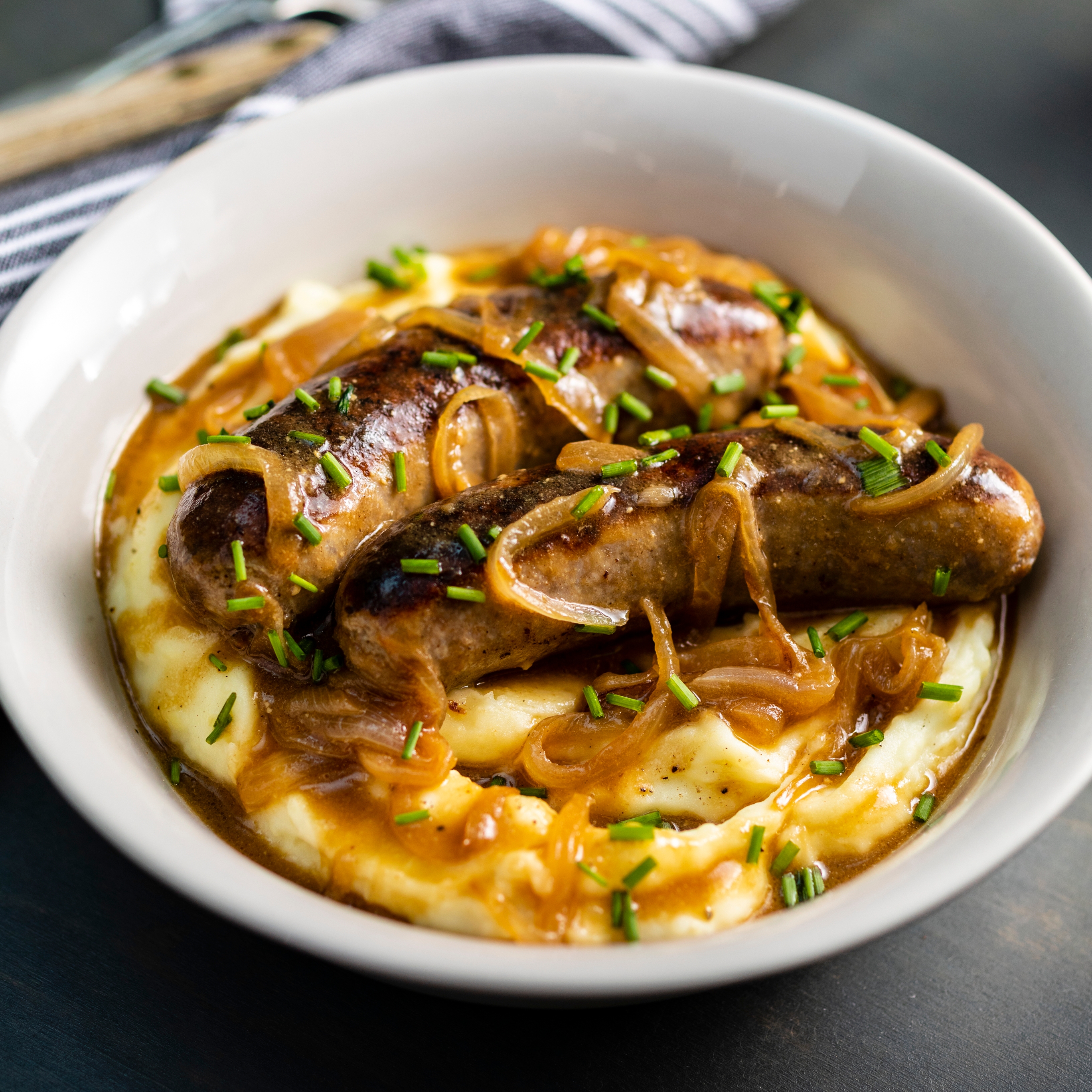 Irish Bangers and Mash with Guinness Onion Gravy