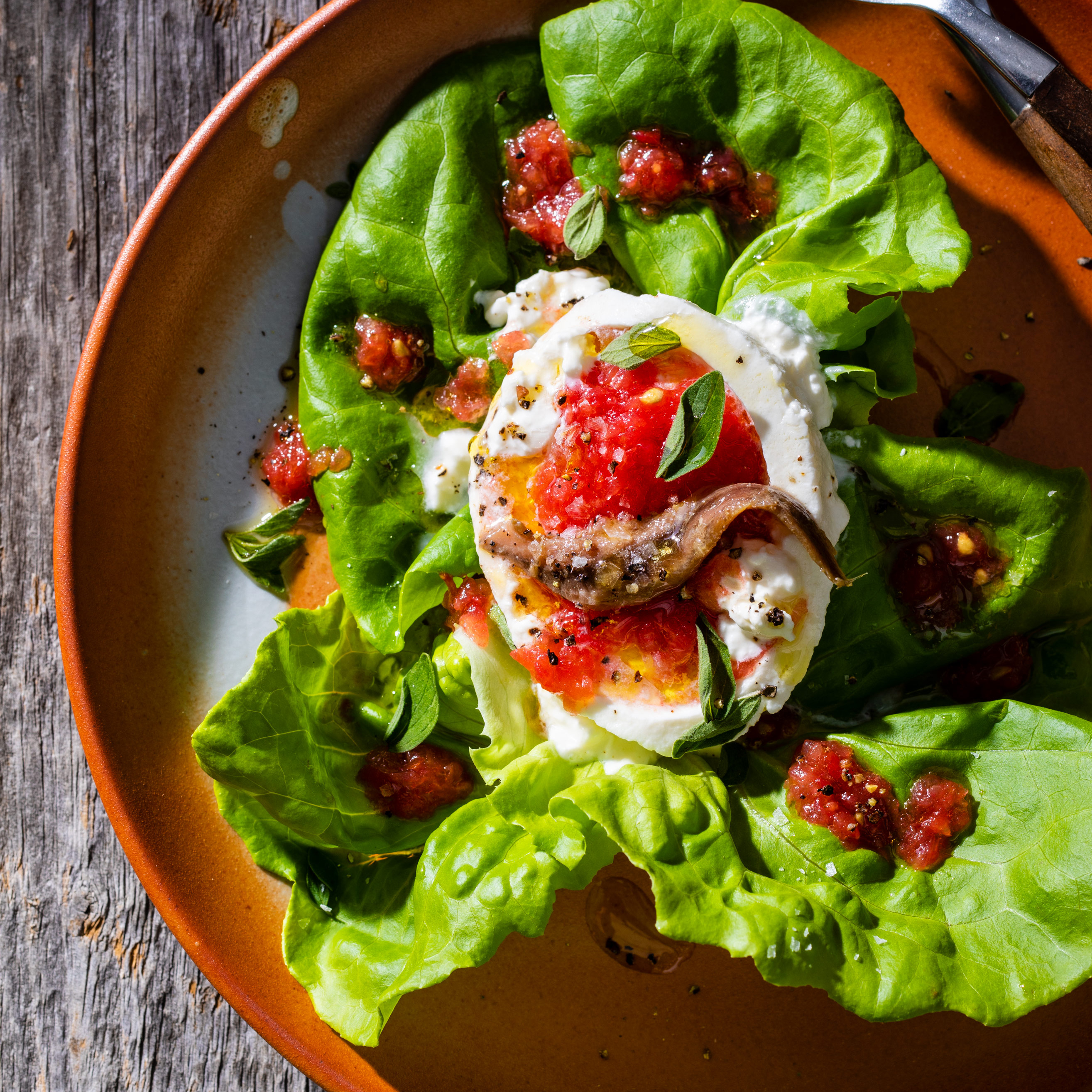 Burrata Salad with Grated Tomato And Anchovies