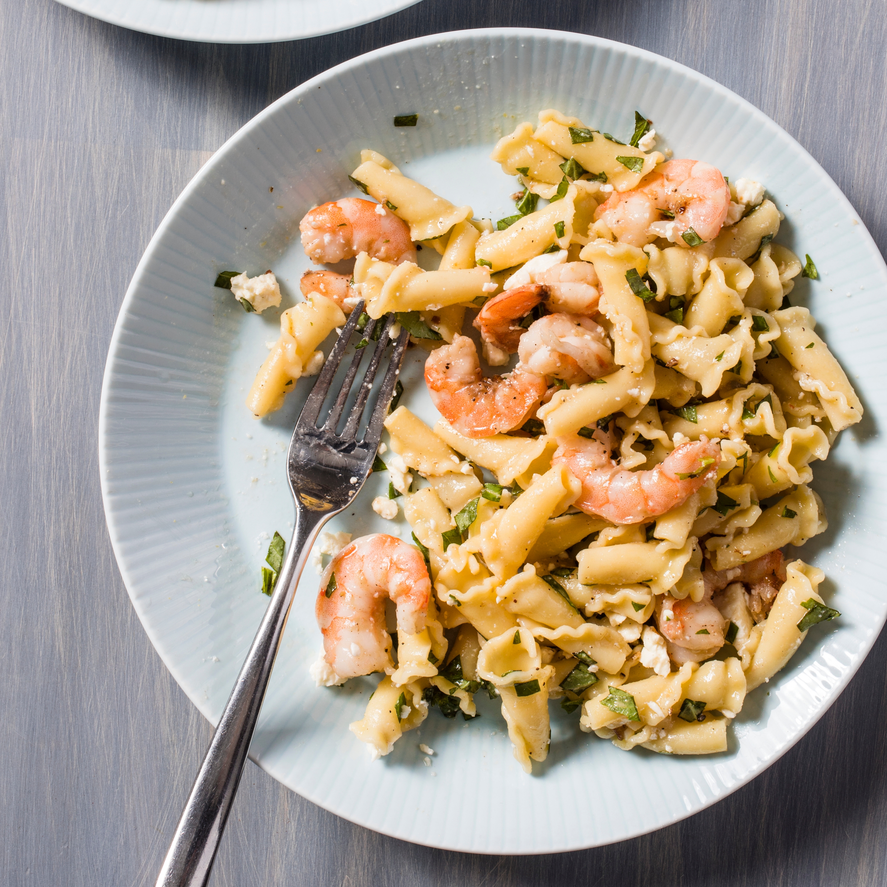 Campanelle with Roasted Garlic, Shrimp, and Feta for Two