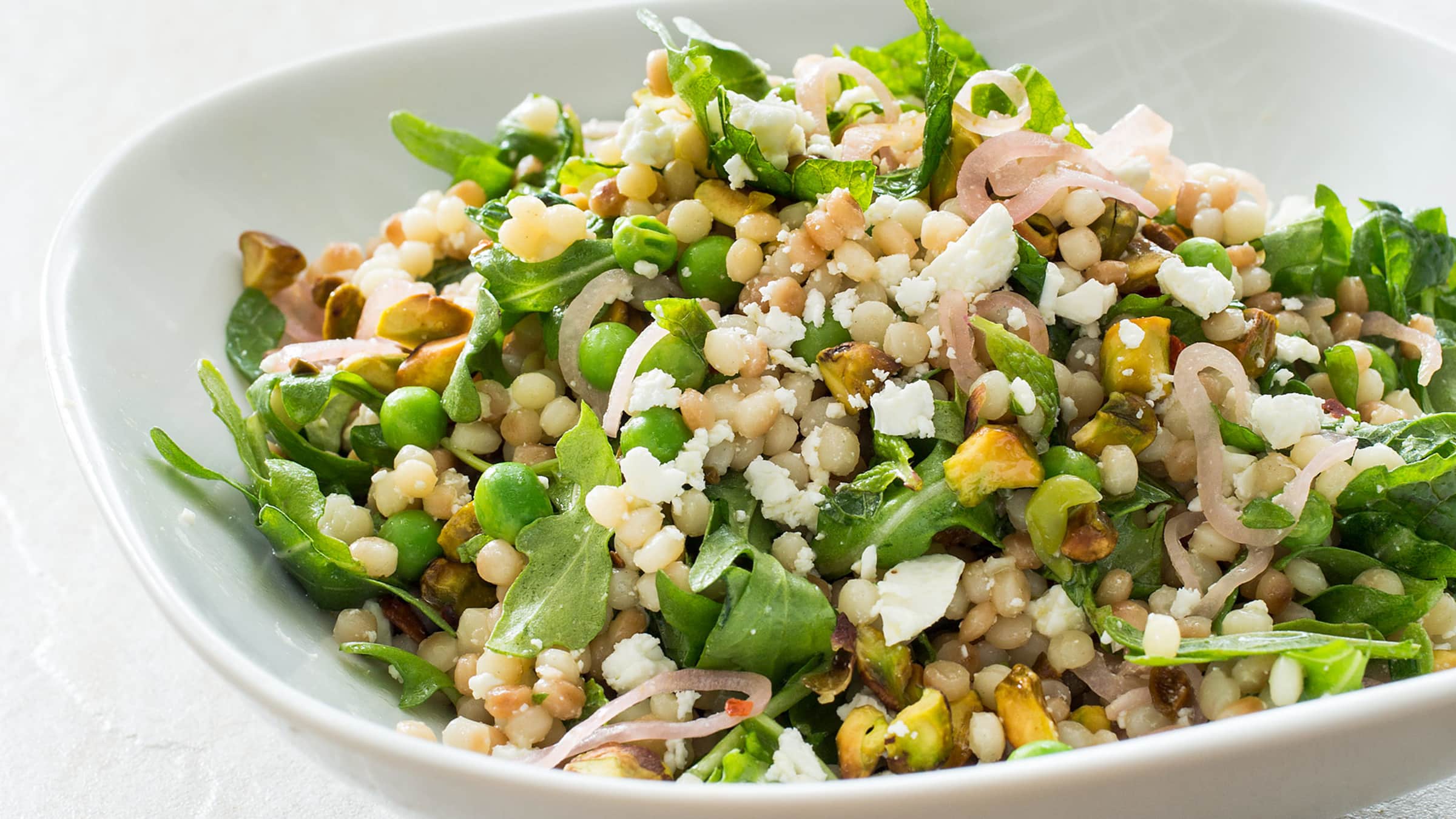 Israeli Couscous with Lemon, Mint, Peas, Feta, and Pickled Shallots