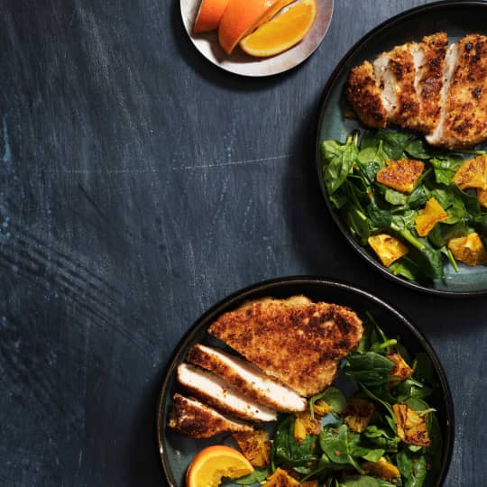 Almond Crusted Chicken Cutlets With Wilted Spinach Orange Salad
