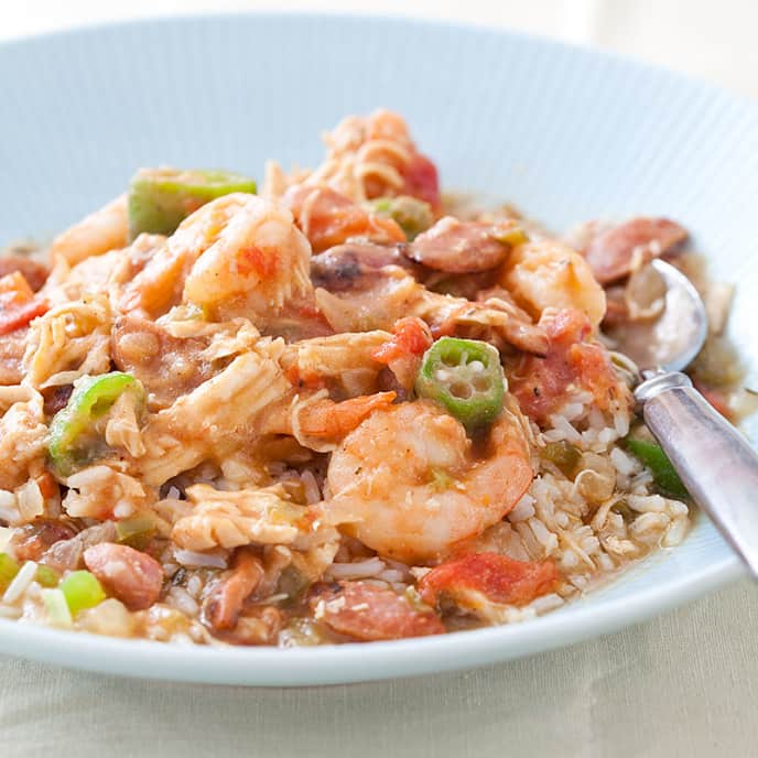 Reduced-Fat Sausage, Chicken, and Shrimp Gumbo