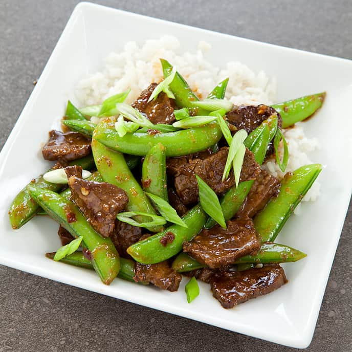 Sichuan-Style Orange Beef with Sugar Snap Peas