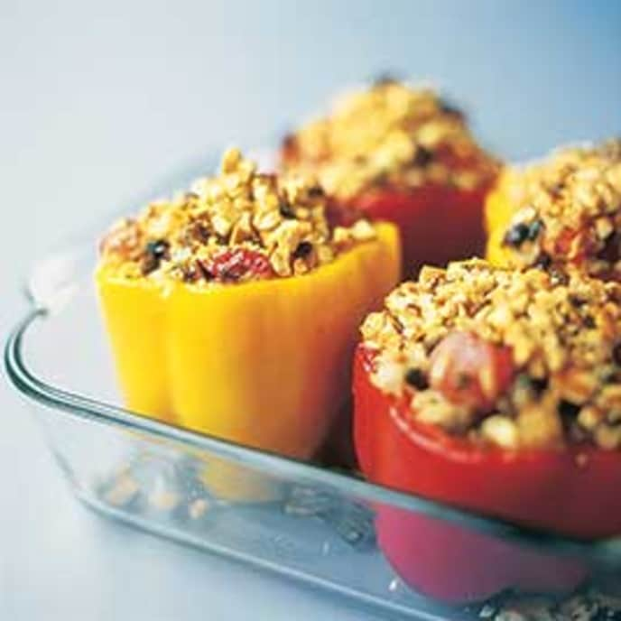 Stuffed Bell Peppers with Spiced Lamb, Currants, and Feta Cheese