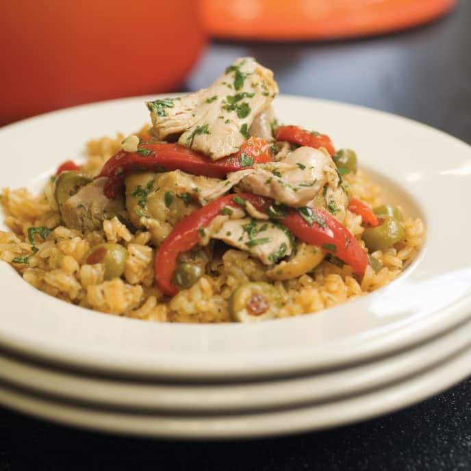 Latin-Style Chicken and Rice with Bacon and Roasted Red Peppers