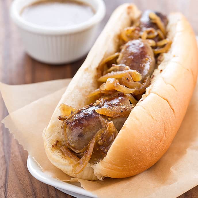 GameDay Beer Brats with Onion and Mustard America's Test Kitchen Recipe