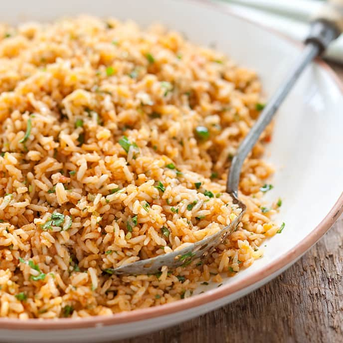 Arroz Rojo with Charred Tomatoes, Chiles, and Onion