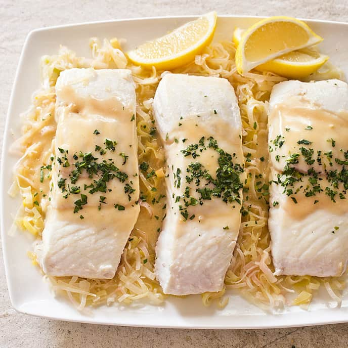 Braised Halibut with Leeks and Mustard for Two