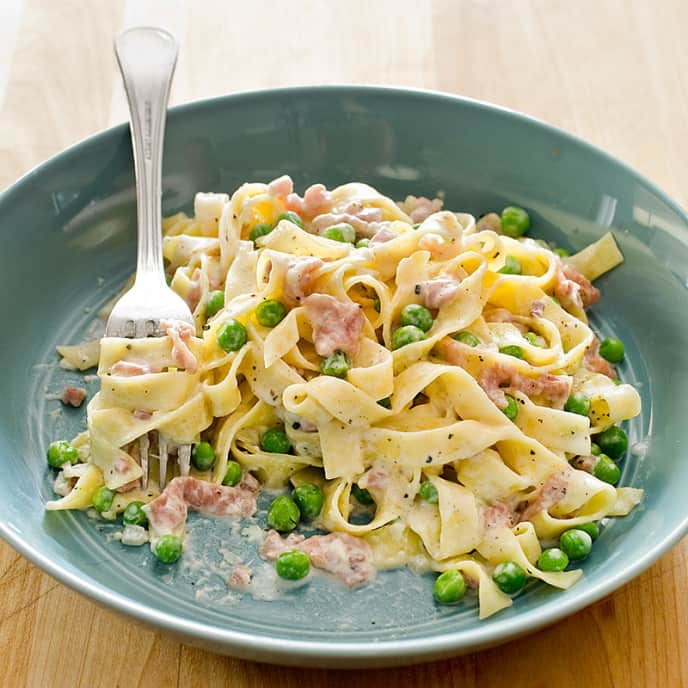 Tagliatelle with Prosciutto and Peas for Two