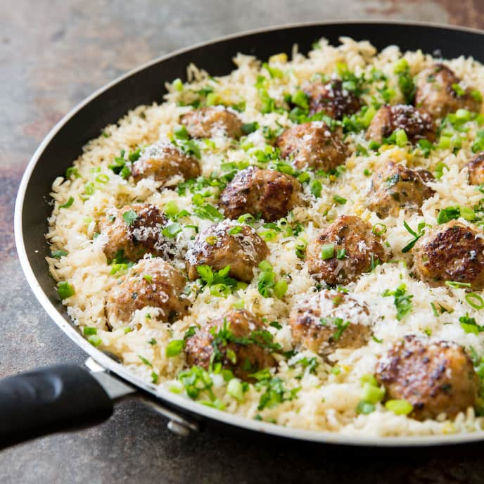 Skillet Turkey Meatballs with Lemony Rice