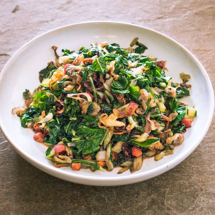 Sautéed Swiss Chard with Pancetta and Caramelized Shallots