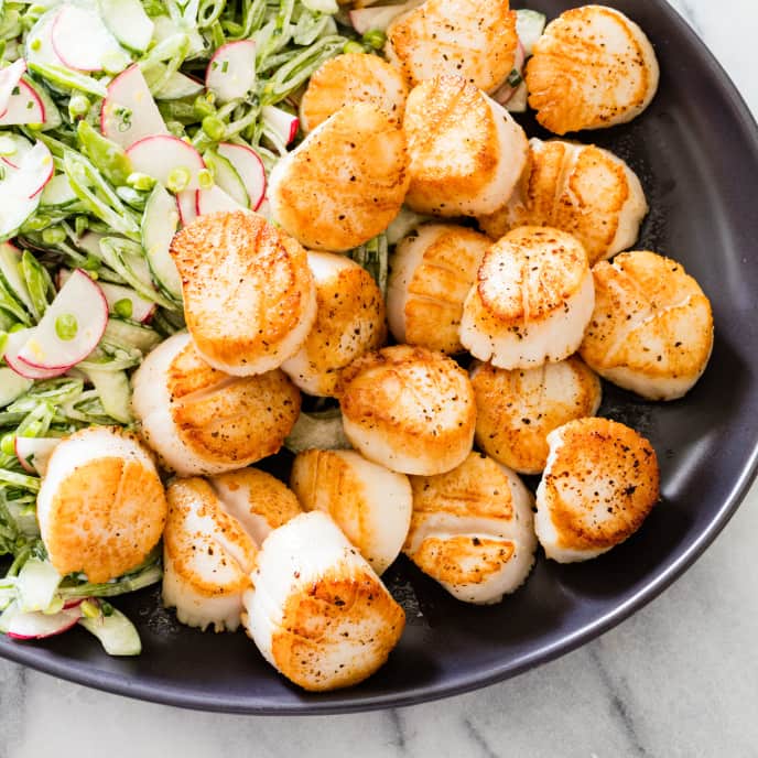 PanSeared Scallops with Sugar Snap Pea Slaw America's Test Kitchen Recipe
