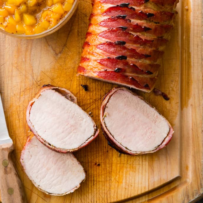 Bacon Wrapped Pork Roast With Peach Sauce Americas Test Kitchen Recipe