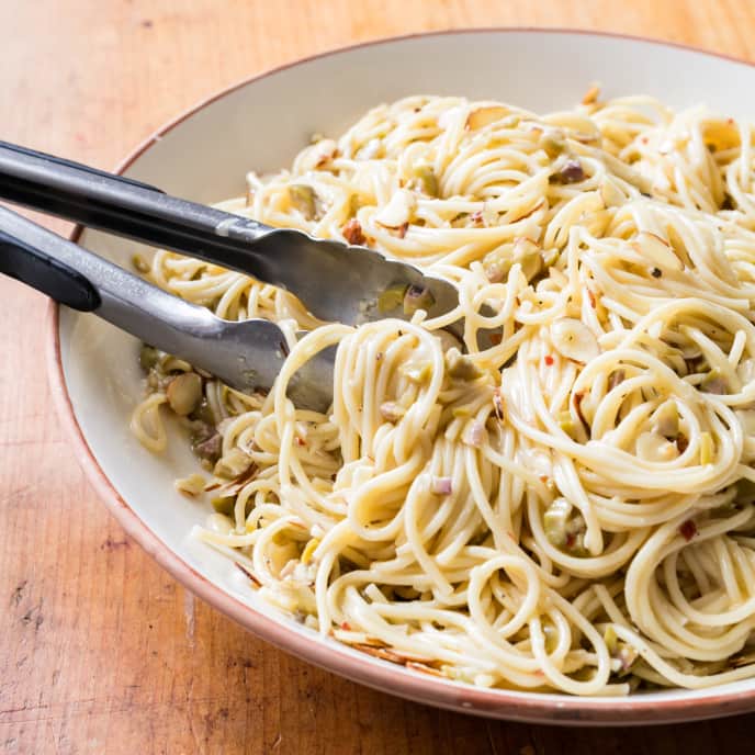 Garlicky Spaghetti with Green Olives and Almonds America's Test Kitchen Recipe