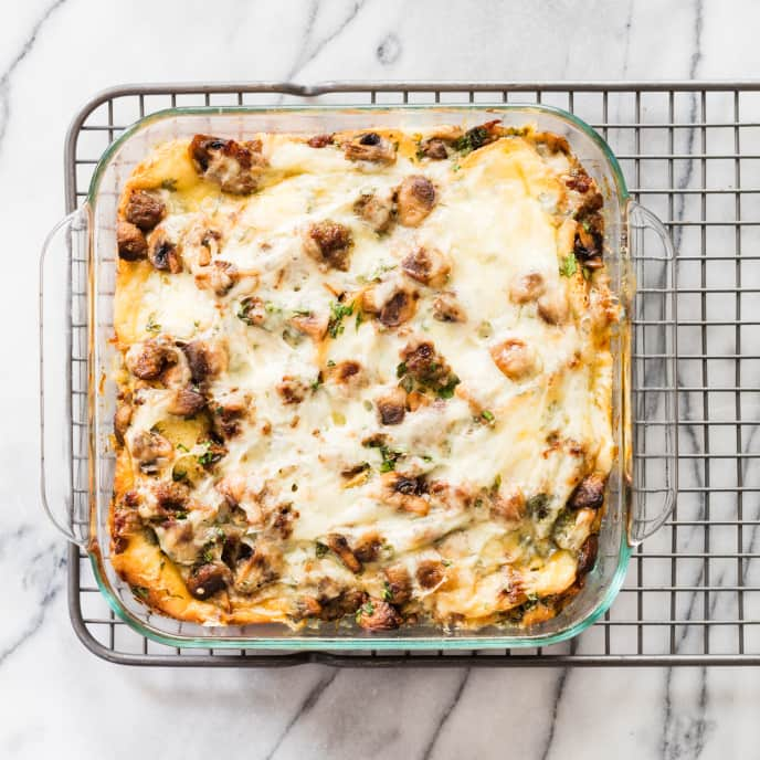 Breakfast Strata with Sausage, Mushrooms, and Monterey Jack