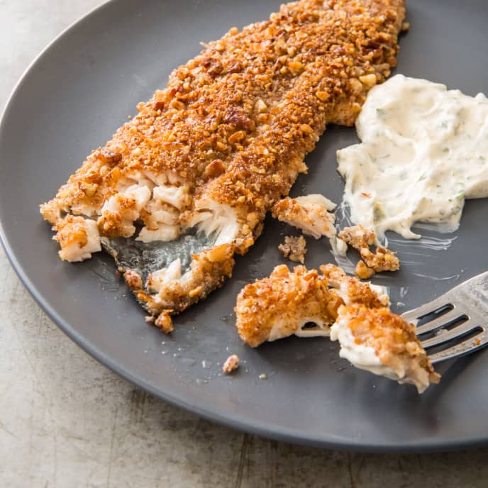 PecanCrusted Trout with Creamy LemonGarlic Sauce Cook's Country Recipe