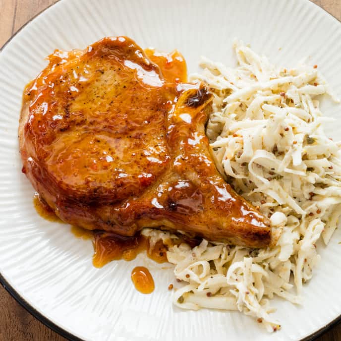 Peppered Pork Chops with Celery Root Salad Cook's Country