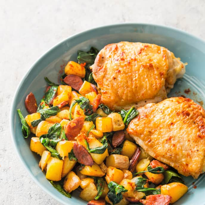 Pan-Seared Chicken Thighs with Potatoes and Chorizo