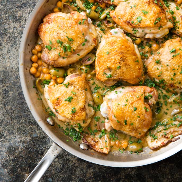 One-Pan Lemon-Braised Chicken Thighs with Chickpeas and Fennel