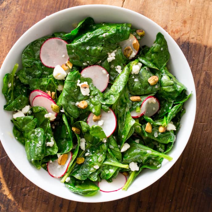 Lemon, Feta, and Pistachio Spinach Salad