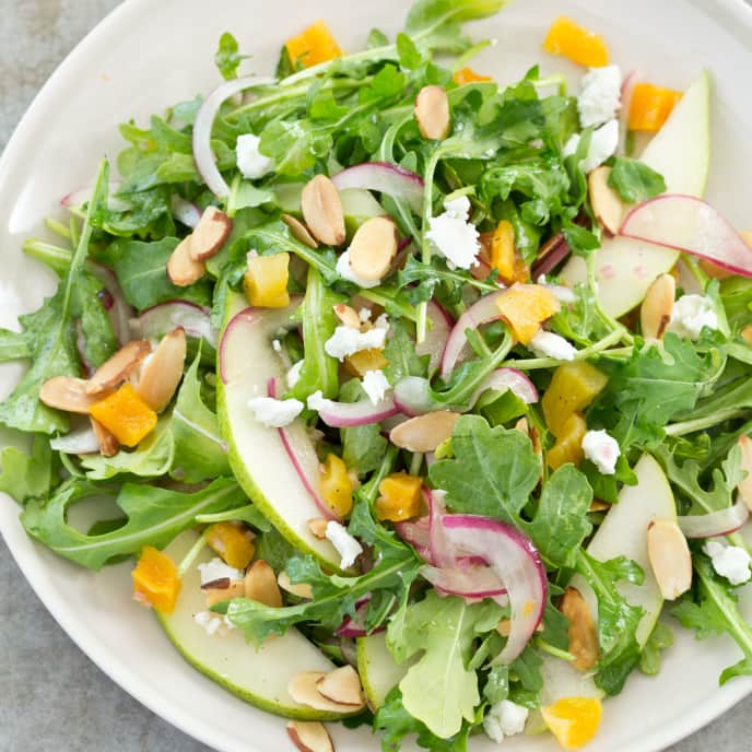 Arugula Salad with Pears, Almonds, Goat Cheese, and Dried Apricots