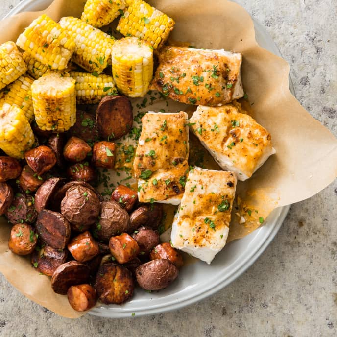 One-Pan Halibut with Red Potatoes, Corn, and Andouille