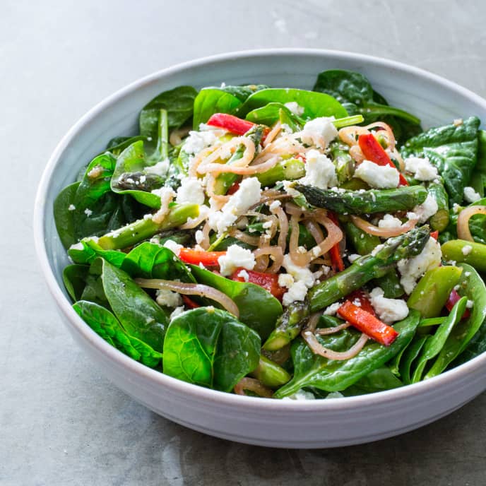 Asparagus, Red Pepper, and Spinach Salad with Sherry Vinegar and Goat Cheese