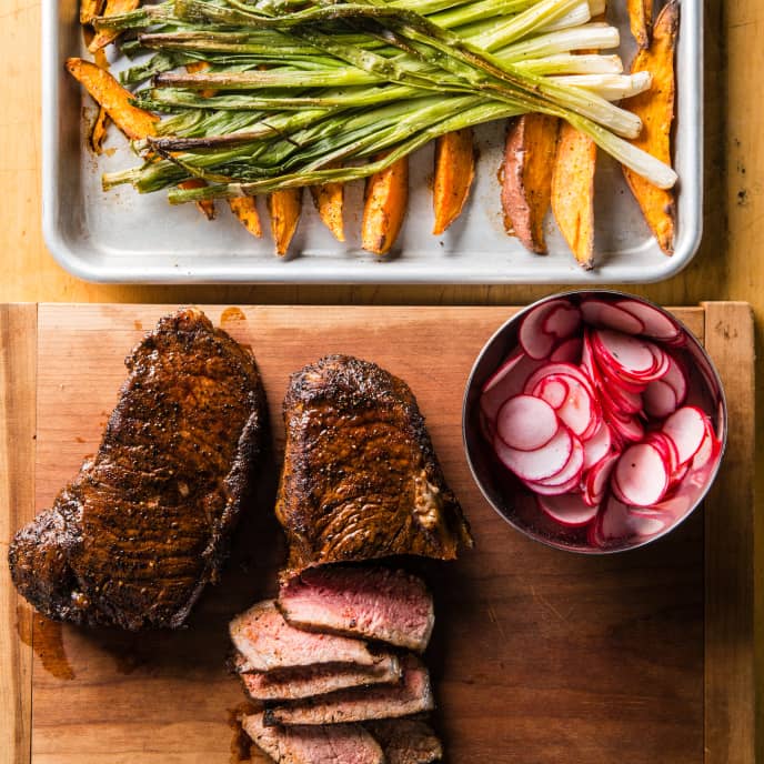 One-Pan Steak with Sweet Potatoes and Scallions