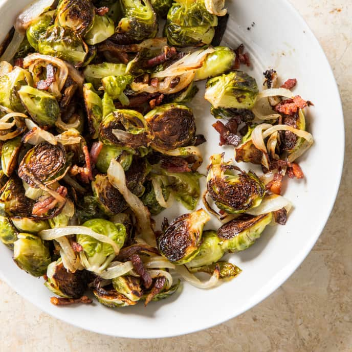 Roasted Brussels Sprouts with Bacon and Onion