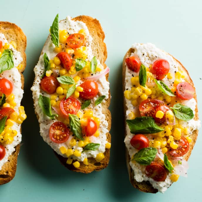Corn Ricotta Toast with Pickled Corn and Cherry Tomatoes