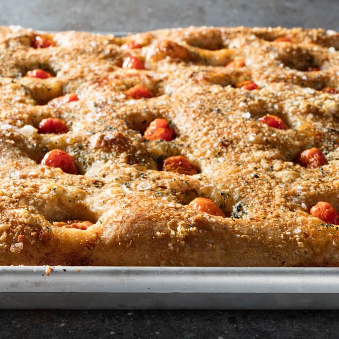 Freshly Milled Wheat Flour Focaccia with Cherry Tomatoes, Pecorino, and
