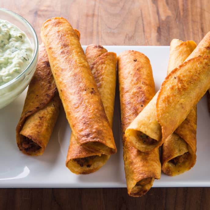 Bean and Beef Taquitos with Avocado Sauce