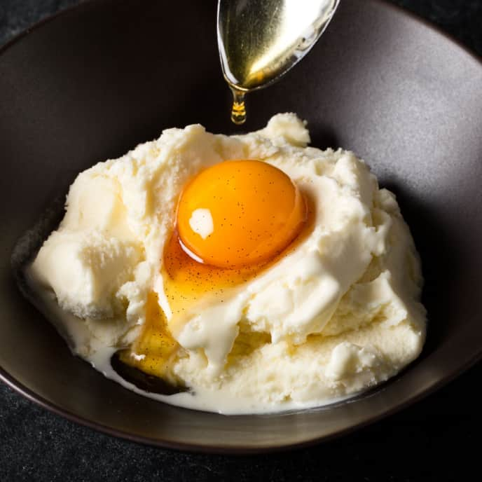 Salted Bourbon Caramel–Cured Egg Yolks with Vanilla Ice Cream