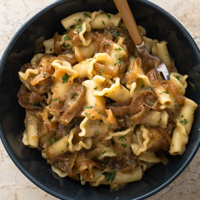 Pasta with Caramelized Onions, Pecorino Romano, and Black Pepper