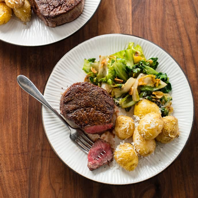 Filet Mignon with Pecorino Potatoes and Escarole