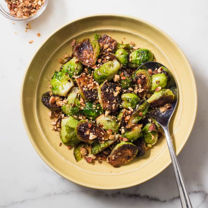 SkilletRoasted Brussels Sprouts with Maple Syrup and Smoked Almonds