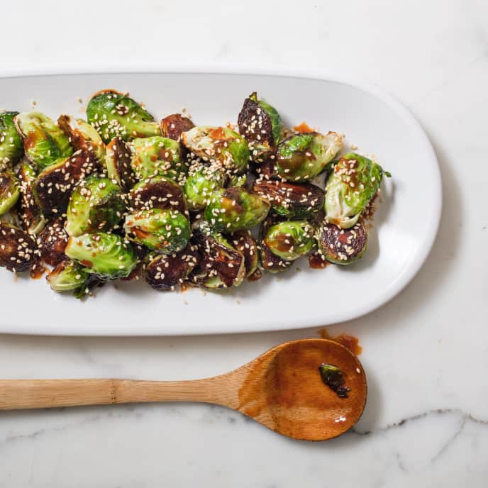 Skillet-Roasted Brussels Sprouts with Gochujang and Sesame Seeds