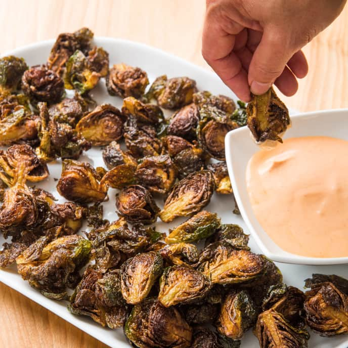 Fried Brussels Sprouts with Sriracha Dipping Sauce