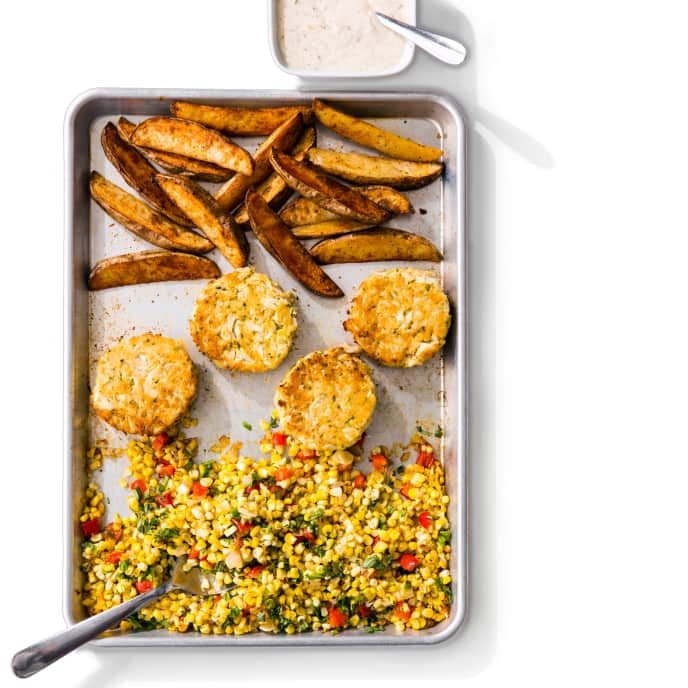 One-Pan Crab Cakes with Roasted Corn and Old Bay Fries