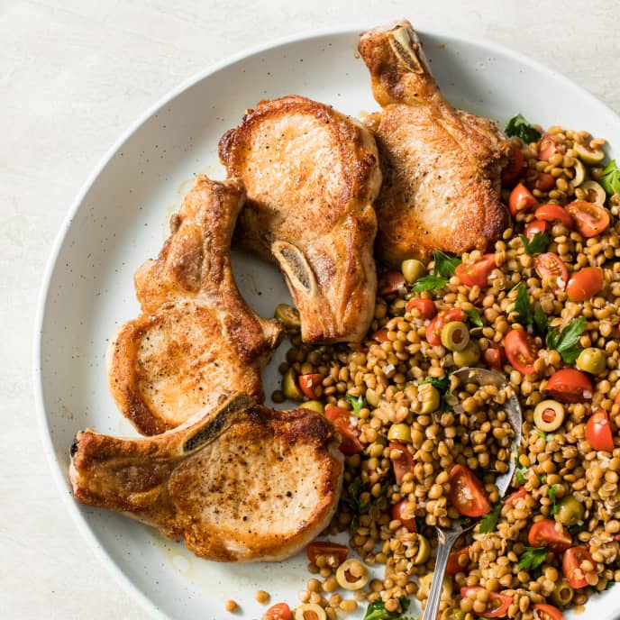 Pan Seared Pork Chops With Warm Lentil Salad Cook S Country