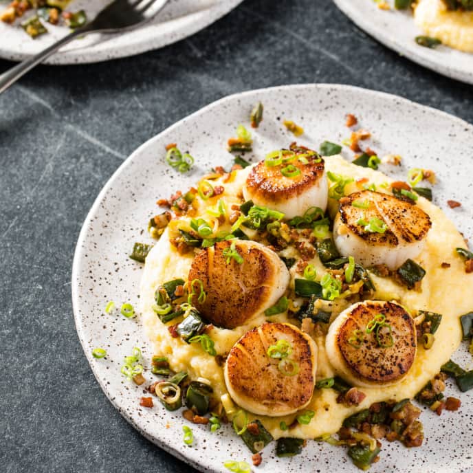 Seared Scallops with Polenta, Bacon, and Poblano Chiles America's Test Kitchen Recipe