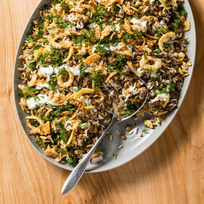 Rice and Lentils with Spiced Beef and Crispy Onions